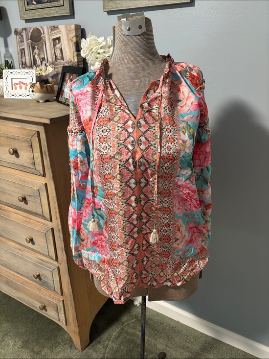 Johnny Was Tops - Johnny Was 100% Silk Rose Narcisa Pink Floral Split-Neck Long Sleeve Blouse